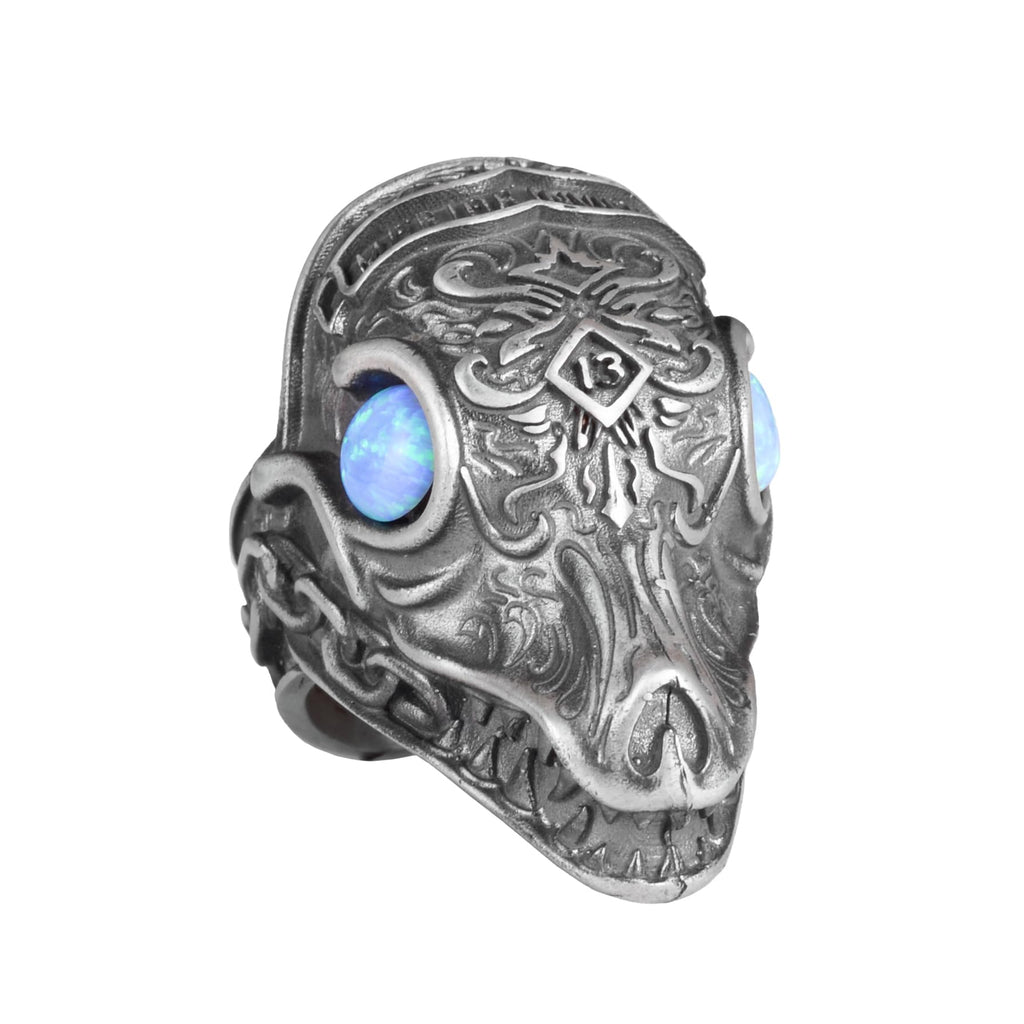 KAMBO Dragon Pattern Heavy 925 Sterling Silver Men's Large Ring - Handmade Animal Figurine Ring (Synthetic Blue Opal)