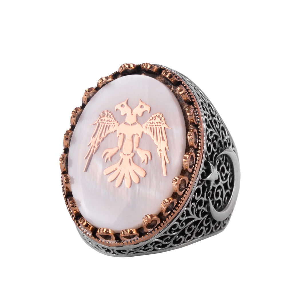 KAMBO Pearl Stone Men's Large Ring – 925 Sterling Silver Star and Moon Side Design (Double Headed Eagle)