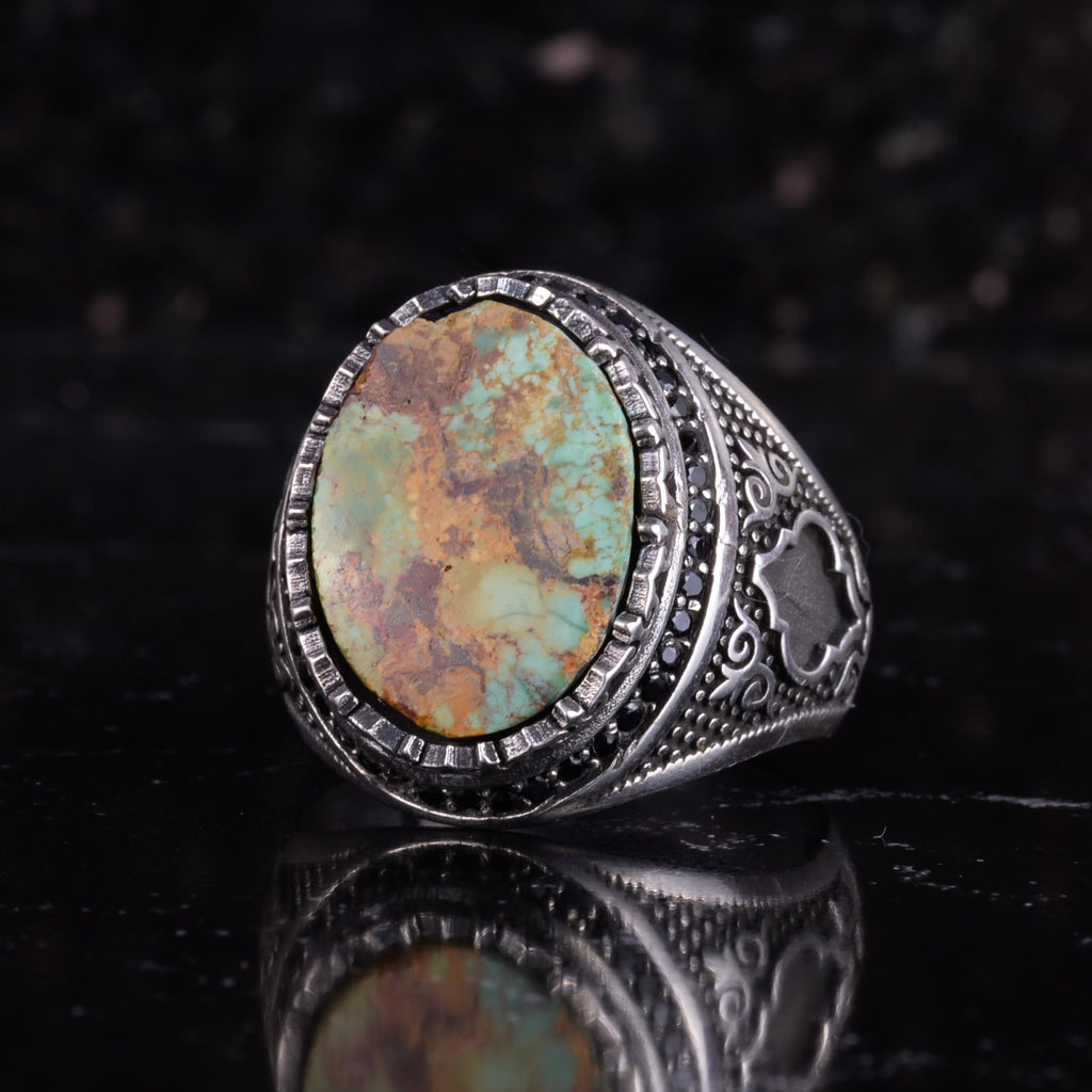 KAMBO Turquoise Stone Men's Ring 925 Sterling Silver – Natural Turquoise Statement Ring – Vintage Ottoman Style Handmade Men's Ring (Turquoise-4) — 5