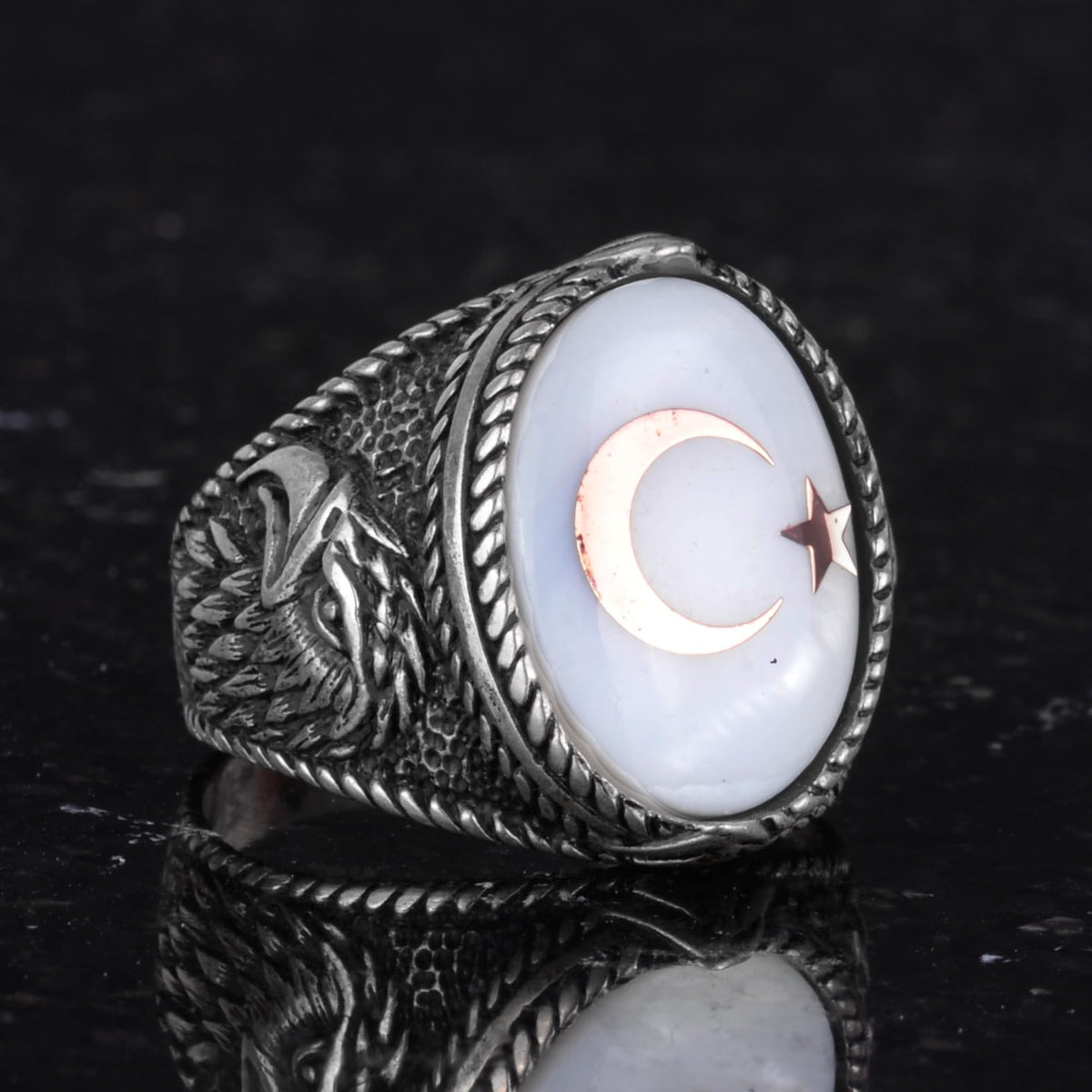 Men's Crescent and Star Eagle Ring - 925 Sterling Silver, Natural Mother of Pearl Stone - Turkish Crescent Design — 5