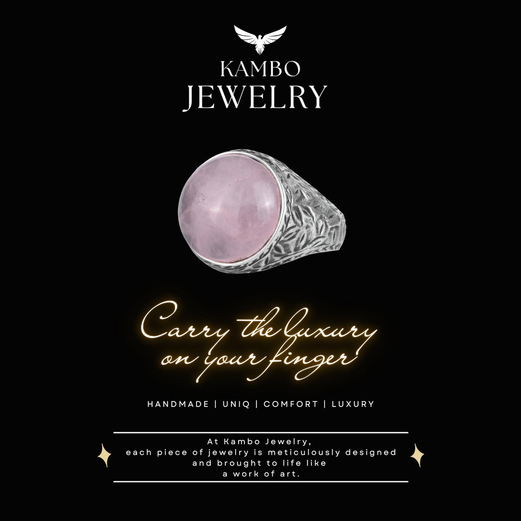 KAMBO Natural Stone Men's Ring 925 Sterling Silver Round Cabochon Handmade Statement Ring Stone (Rose Quartz) — 8