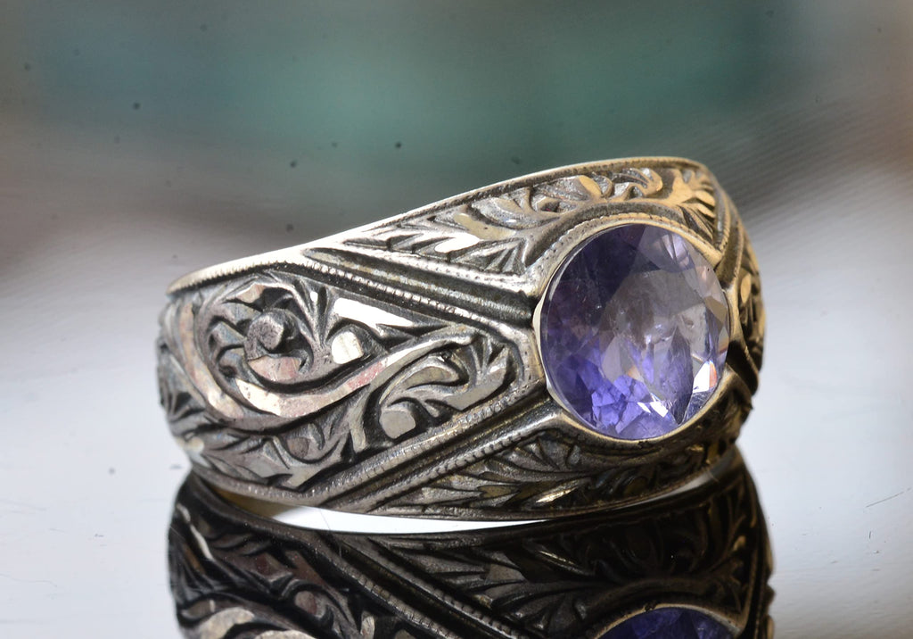 KAMBO Handmade 925 Sterling Silver Men's Ring with Real Natural Amethyst Gemstone, Minimalist Vintage Design, Statement 
