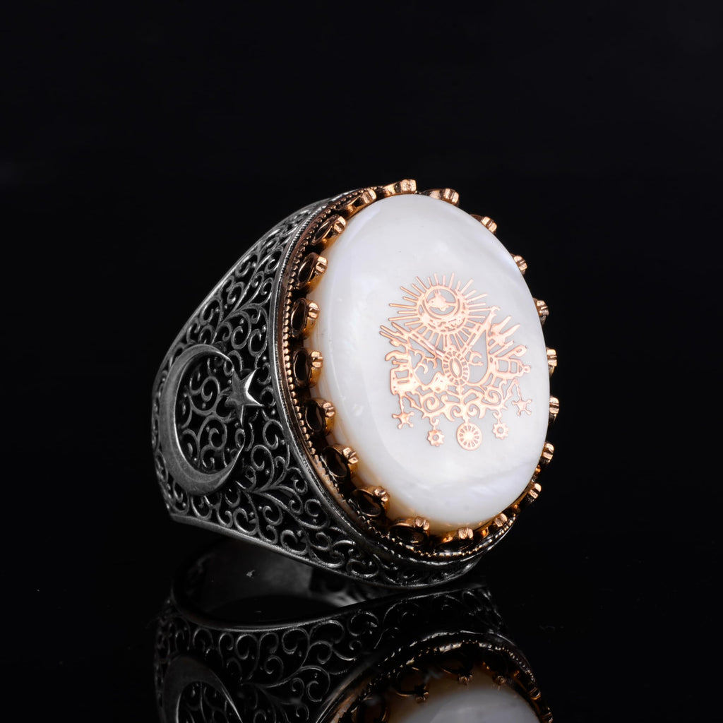KAMBO Pearl Stone Men's Large Ring – 925 Sterling Silver Star and Moon Side Design (Tughra) — 6