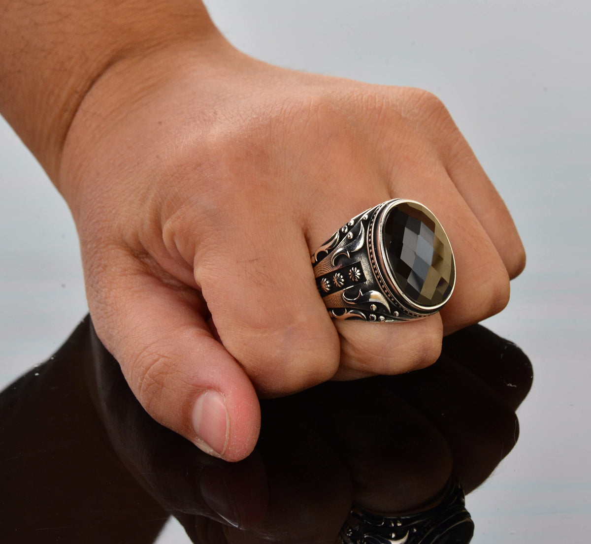 925 Sterling Silver Men's Ring, Natural Black Onyx Stone, Intricate Ethnic Design, Handmade Silver Ring — 7