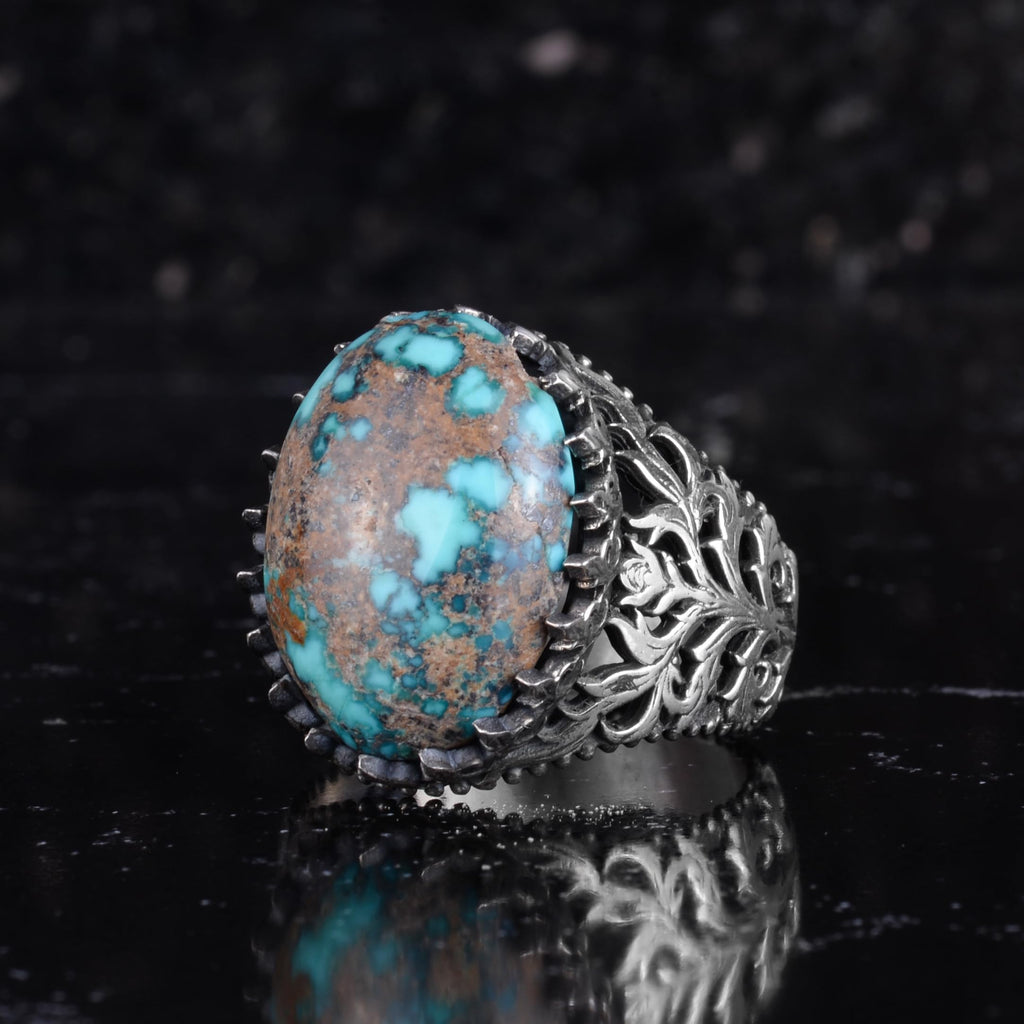 KAMBO Natural Turquoise Stone Ring for Men 925 Sterling Silver Handmade Vintage Statement Ring Blue Green Stone — 5