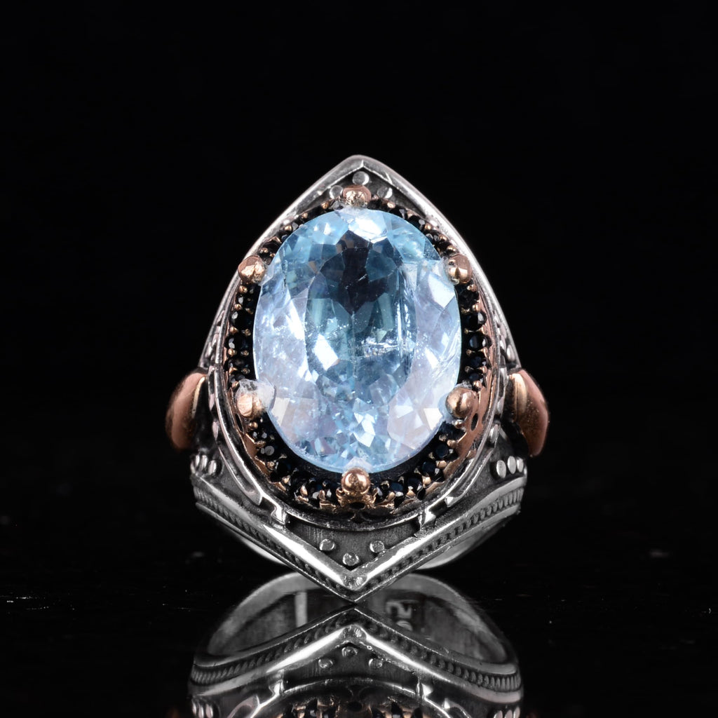 Natural Blue London Topaz Stone Ring, Silver Men's Ring — 4
