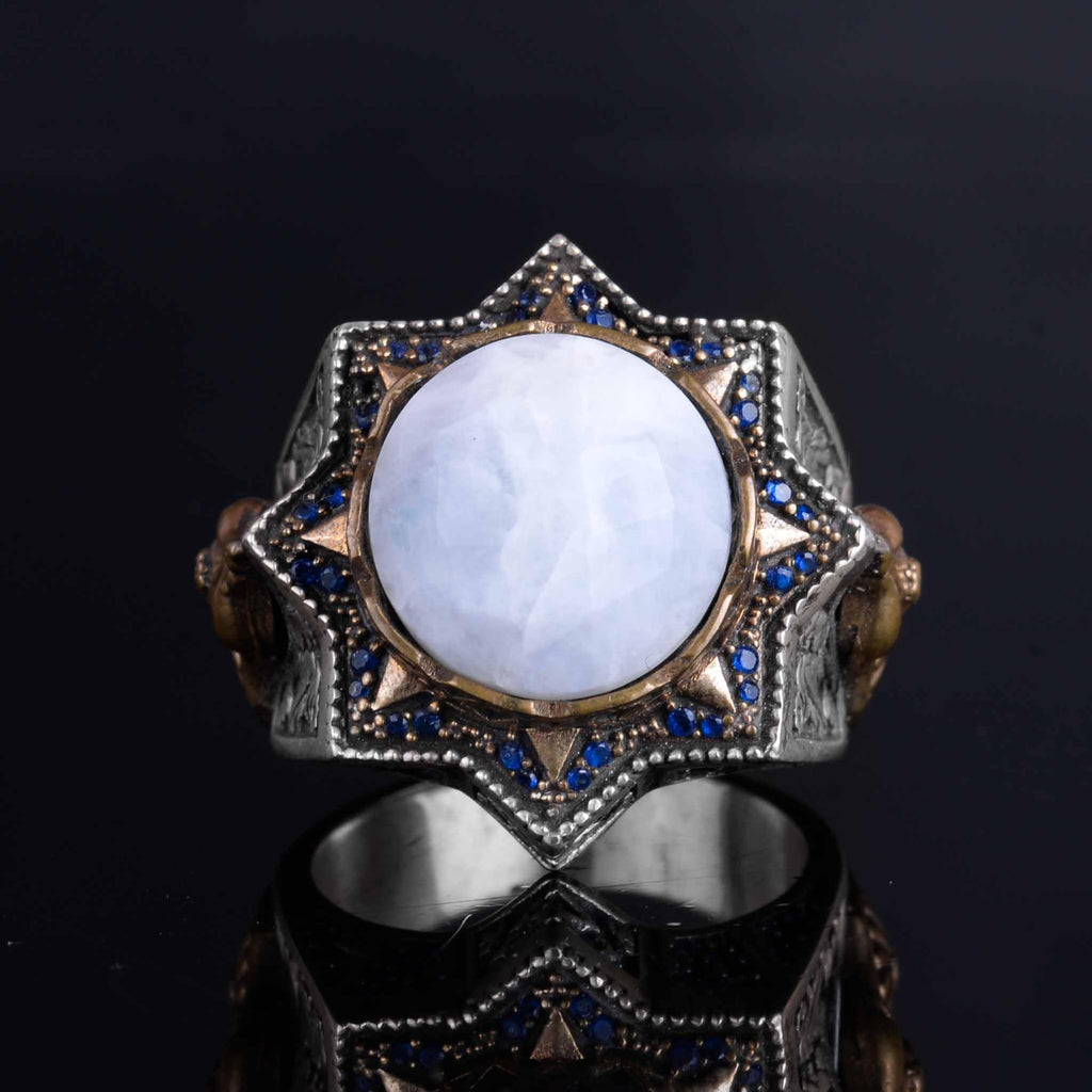 KAMBO 925 Sterling Silver Men's Natural Stone Ring – Warrior Helmet Motif Handmade Star Frame – Protective Spiritual Jewelry (Moonstone) — 4