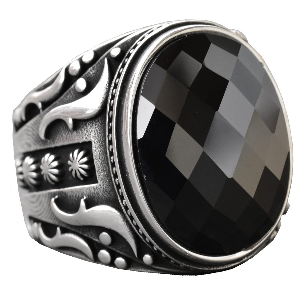 925 Sterling Silver Men's Ring, Natural Black Onyx Stone, Intricate Ethnic Design, Handmade Silver Ring