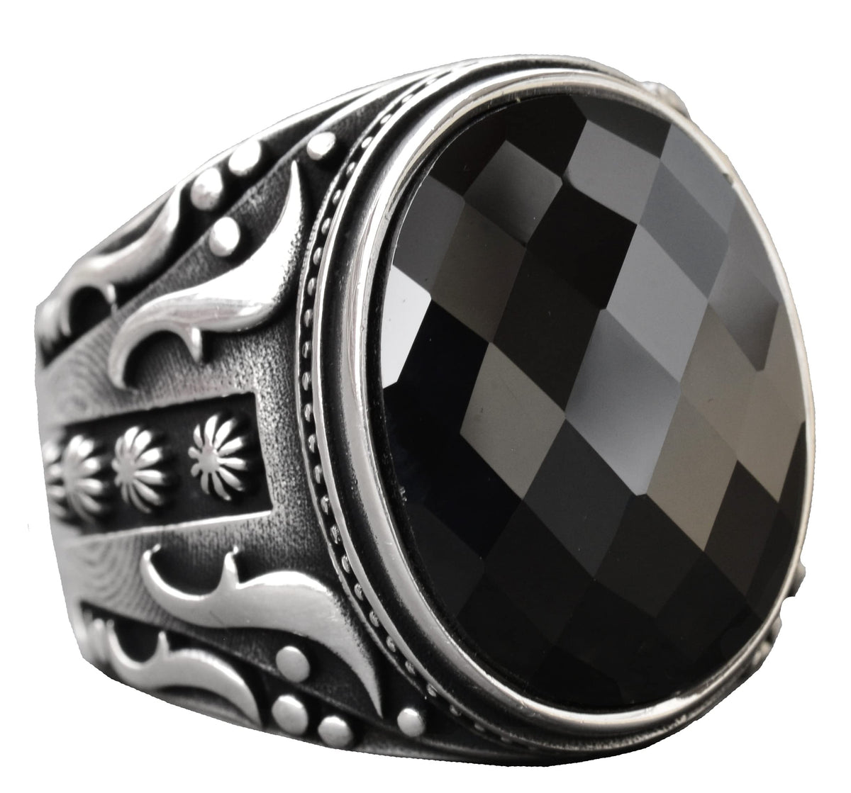 925 Sterling Silver Men's Ring, Natural Black Onyx Stone, Intricate Ethnic Design, Handmade Silver Ring