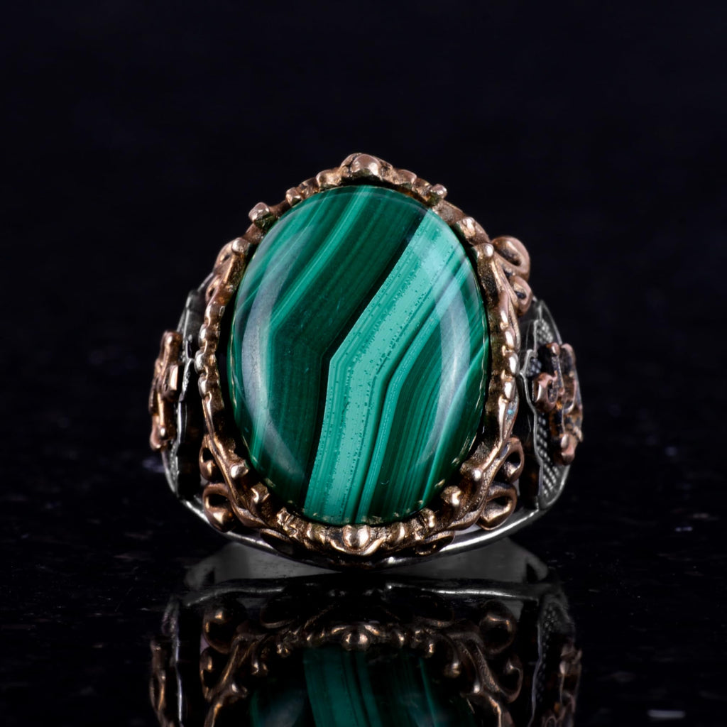 Natural Malachite Stone Ring - 925 Sterling Silver Men's Ring (Model-3) — 5