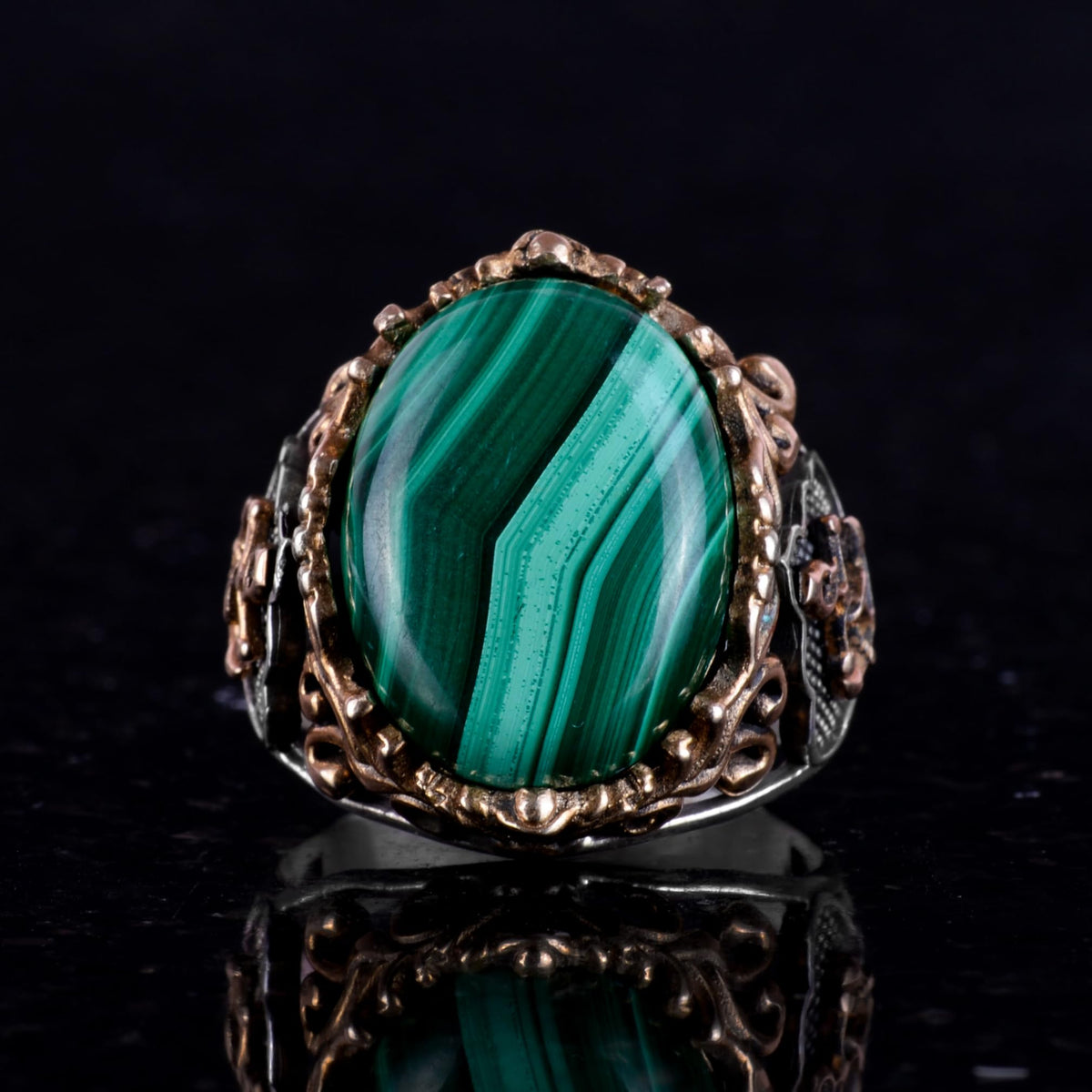 Natural Malachite Stone Ring - 925 Sterling Silver Men's Ring (Model-3) — 5