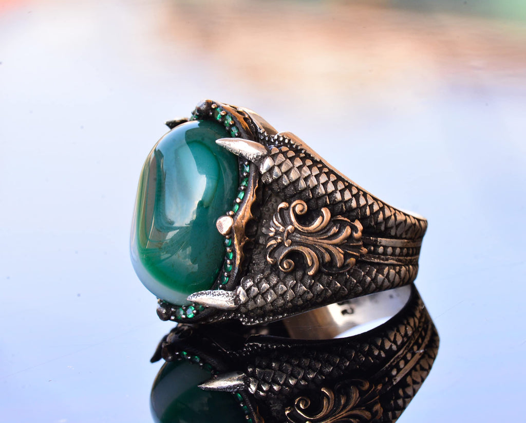 Handmade 925 Sterling Silver Men's Ring, Natural Green Agate Stone, Intricate Claw Design, Different Band Ring — 4