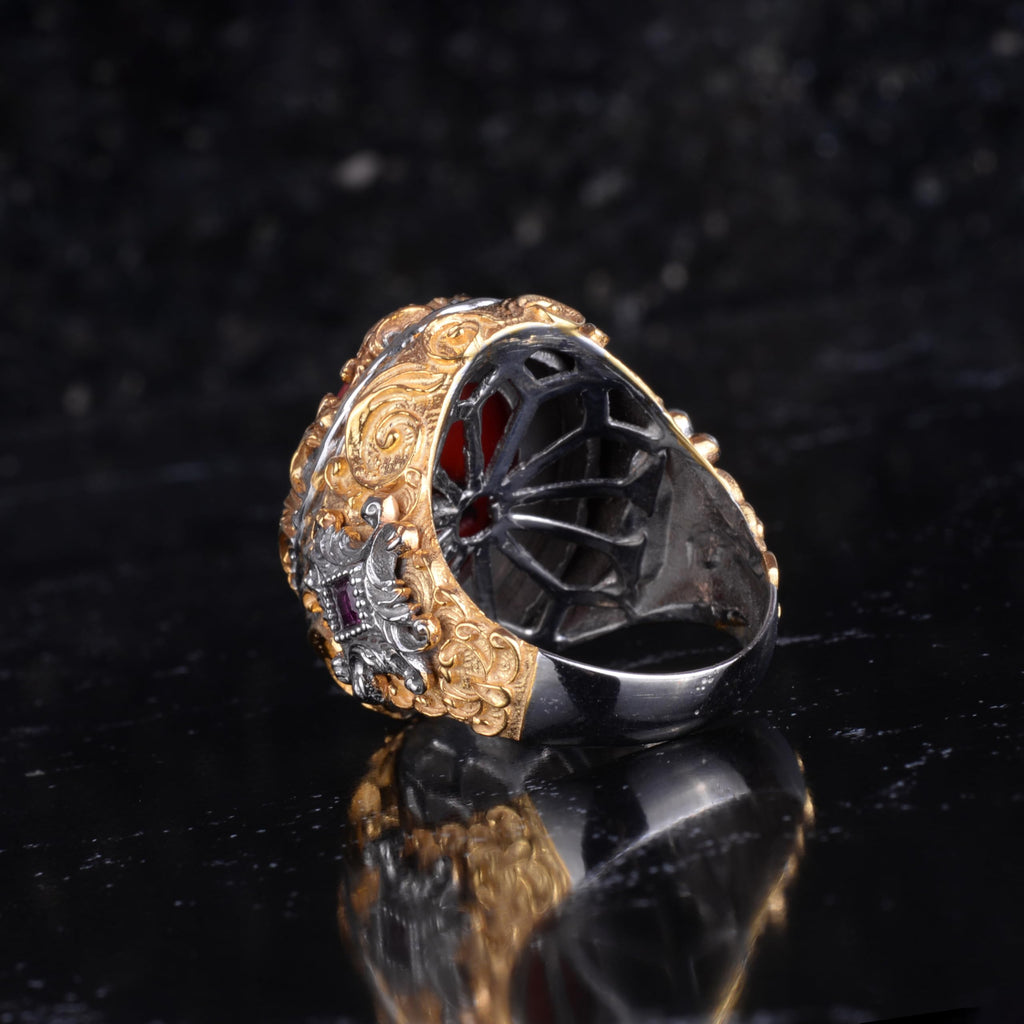 KAMBO Natural Coral Stone Men's Ring 925 Sterling Silver Gold Plated Large Statement Ring Handmade Vintage Design — 7