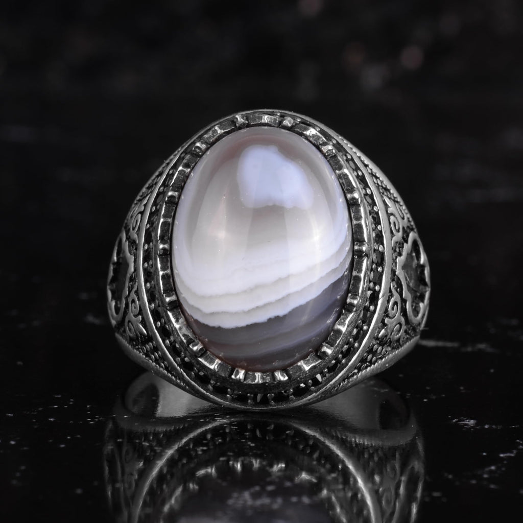 KAMBO Natural Agate Stone Men's Ring – Band Stone – 925 Sterling Silver Handmade Statement Ring – Vintage Ottoman Style Men's Jewelry (Agate-3) — 6