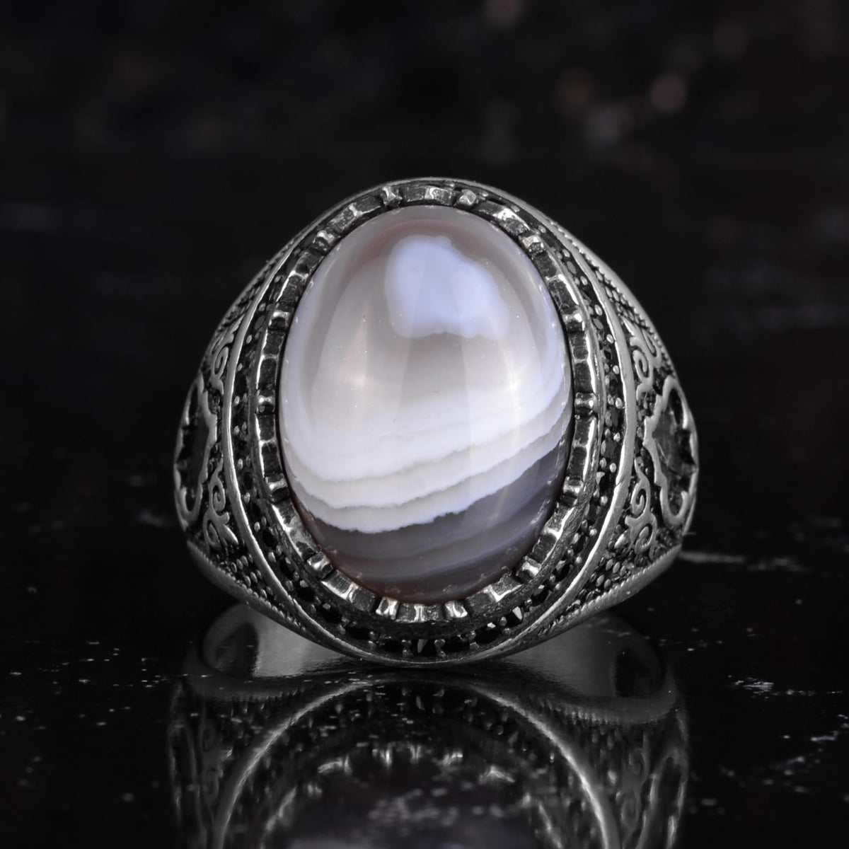 KAMBO Natural Agate Stone Men's Ring – Band Stone – 925 Sterling Silver Handmade Statement Ring – Vintage Ottoman Style Men's Jewelry (Agate-2) — 3