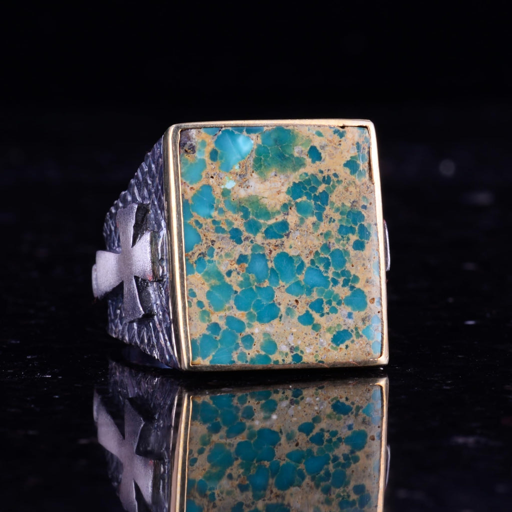Kambo Cross Embossed Silver Men's Ring with Arizona Turquoise Gemstone — 5