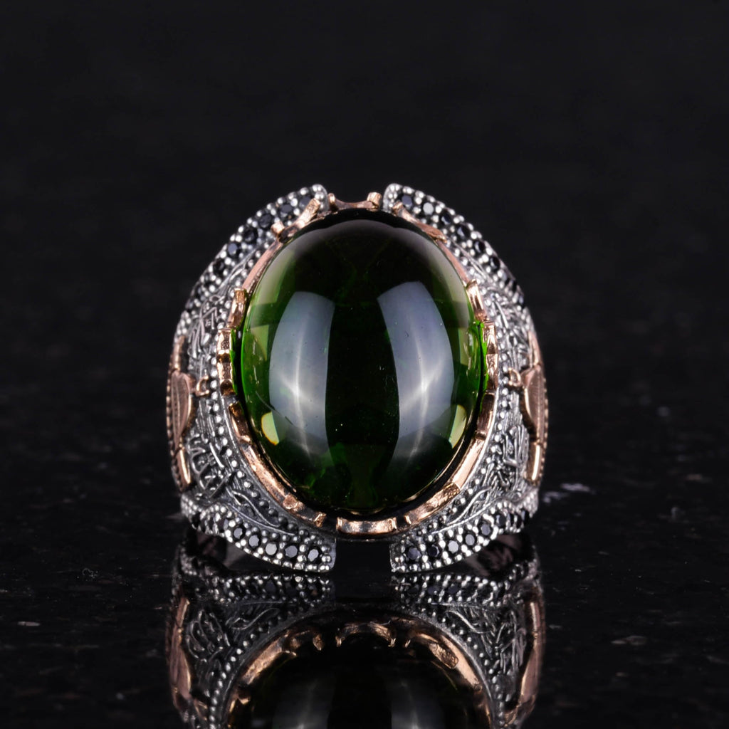 925 Sterling Silver Islamic Men's Ring, Synthetic Peridot Green Stone Ring — 3