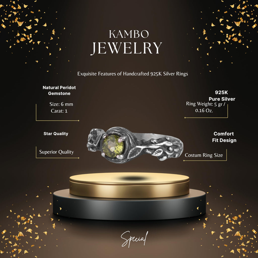 KAMBO Natural Peridot Stone Women's Ring 925 Sterling Silver Leaf Design Solitaire Ring Elegant Handmade Jewelry — 2