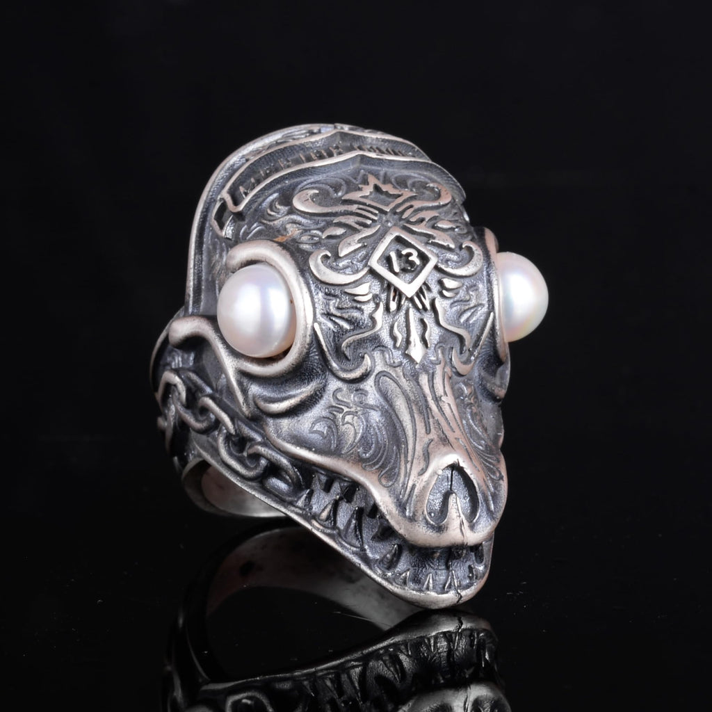 KAMBO Natural Stone Dragon Large Ring - Men's 925 Sterling Silver Gothic Handmade Statement Jewelry (Pearl) — 5