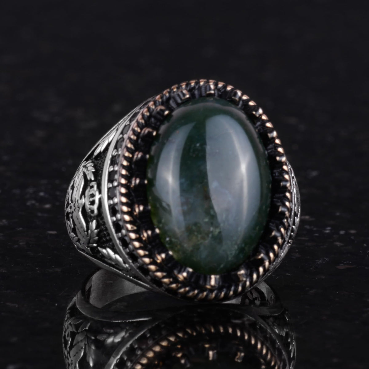Natural Moss Agate Ring - Handmade Eagle Design - 925 Sterling Silver — 5