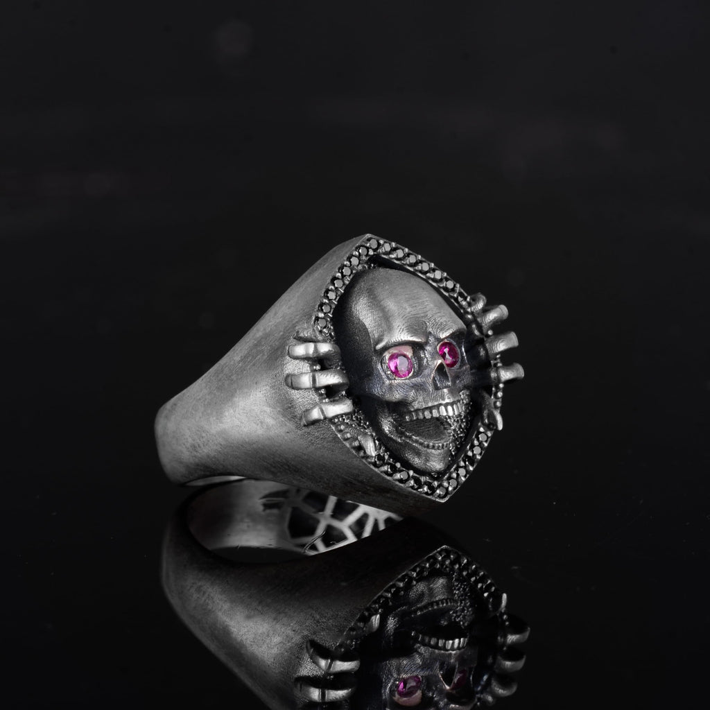 KAMBO Zircon Stone Eyed 925 Sterling Silver Skull Ring – Gothic Men's Handmade Skeleton Ring – Unique Biker Jewelry — 5
