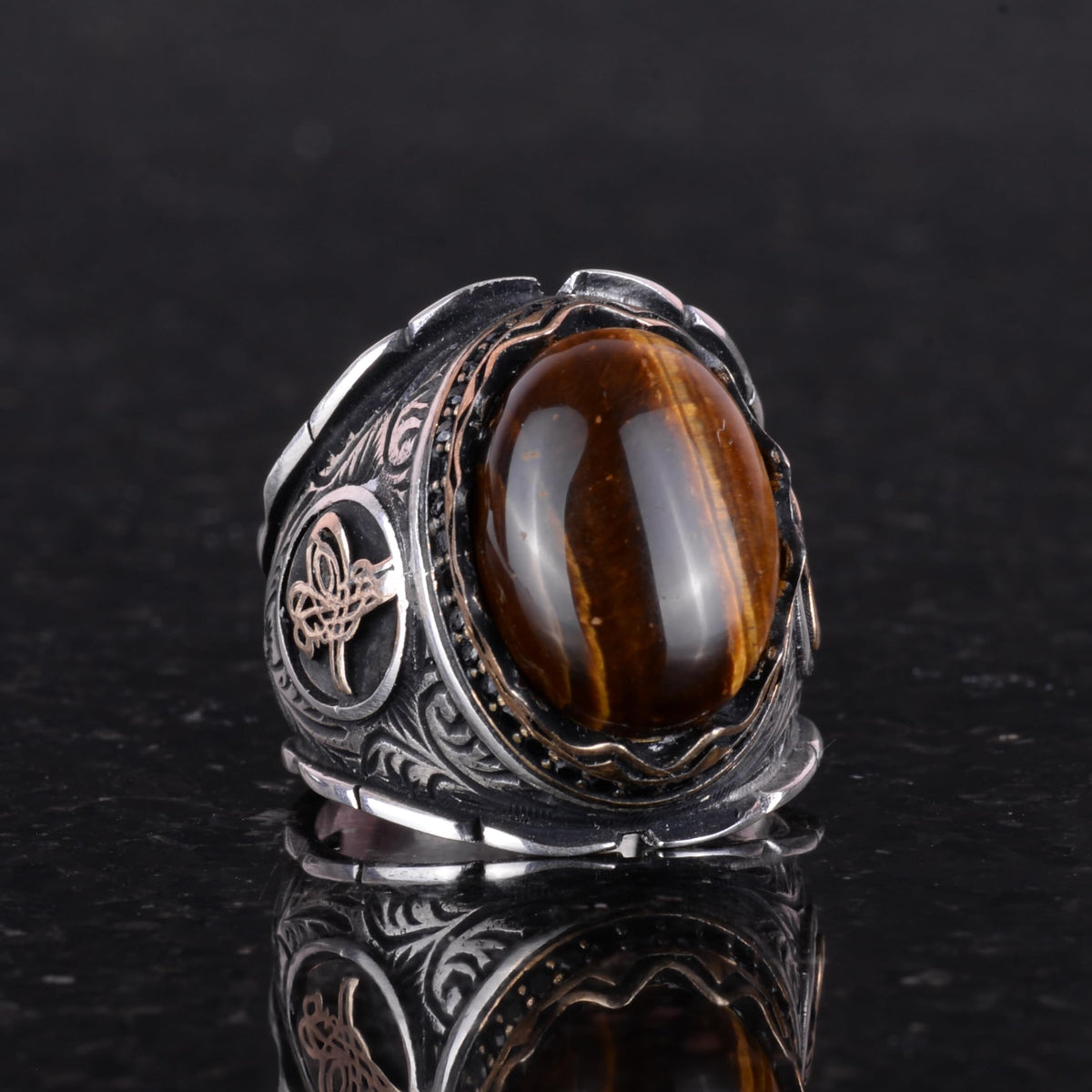 Handcrafted Cabochon Tiger's Eye Stone Ring, 925 Sterling Silver Men's Ring, Stylish Design, Ottoman Tughra Ring — 5