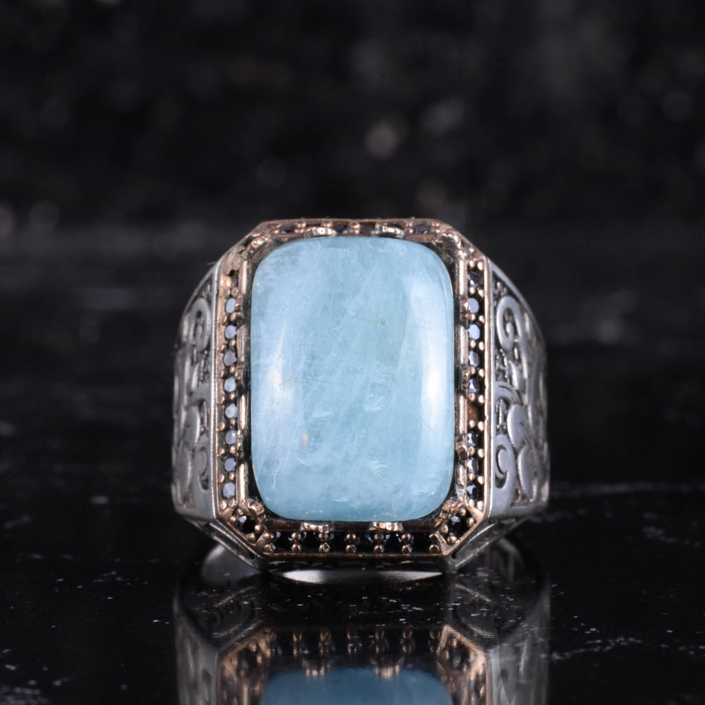 KAMBO Natural Stone Ring for Men 925 Sterling Silver - Rectangular Statement Ring Handmade Jewelry (Aquamarine) — 4
