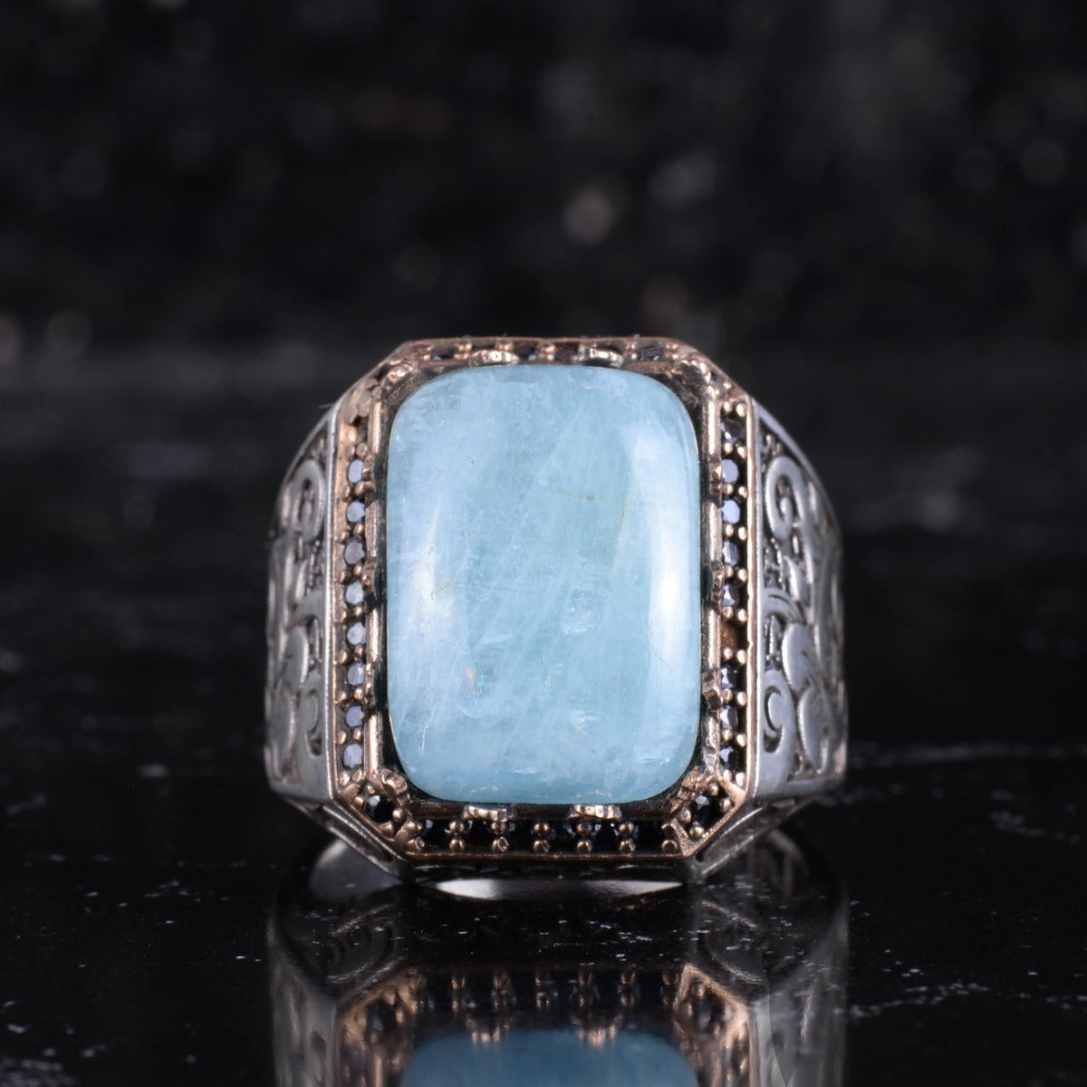 KAMBO Natural Stone Ring for Men 925 Sterling Silver - Rectangular Statement Ring Handmade Jewelry (Aquamarine) — 4
