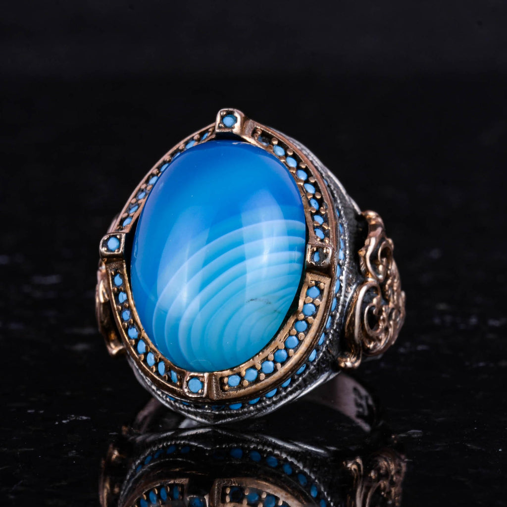 925 Sterling Silver Men's Ring with Natural Blue Agate Stone, Handmade Statement Ring, Vintage Design — 6