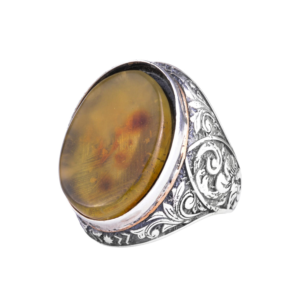 KAMBO Natural Amber Stone Large Ring for Men - Oval Vintage Engraved Statement Ring - 925 Sterling Silver Handmade Men's Jewelry