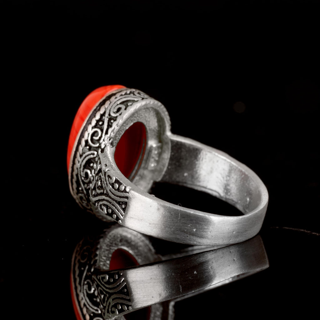 925 Sterling Silver Men's Ring, Natural Stone Ring, Red Coral Stone, Silver Jewelry, Coral Stone Ring — 7