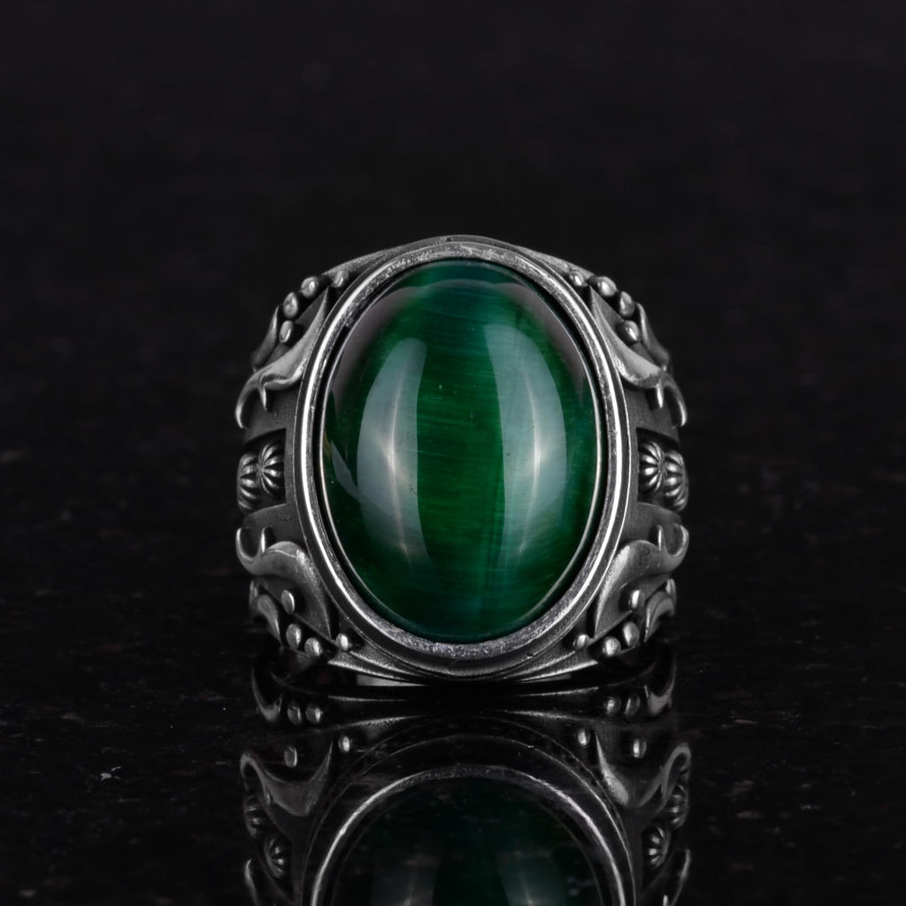 Green Synthetic Cat's Eye Stone Ring, 925 Sterling Silver Ring, Designer Silver Men's Ring — 2