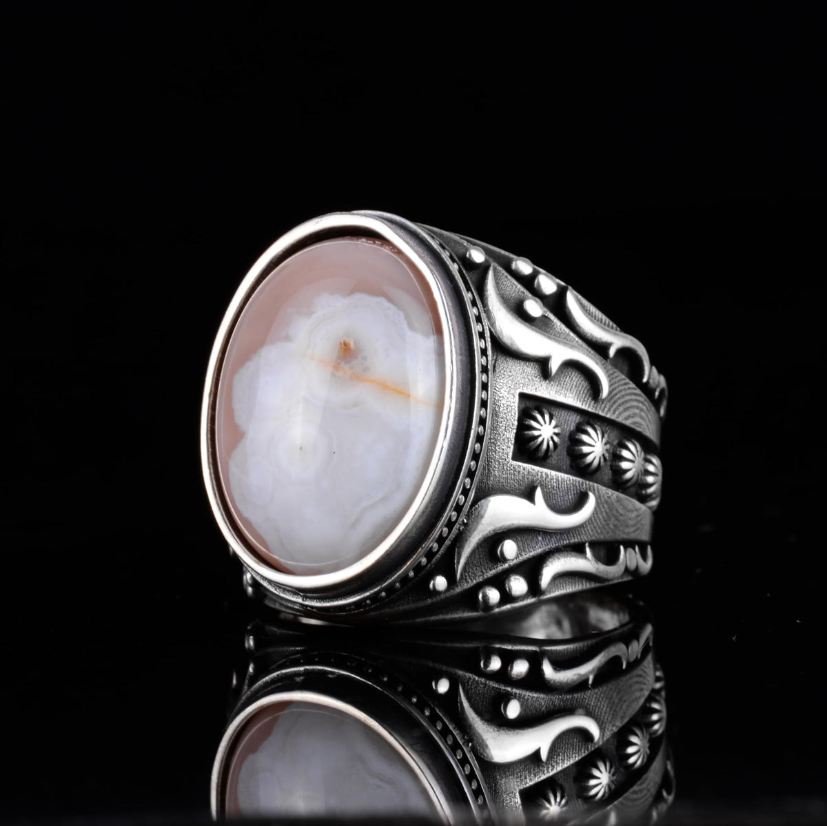 KAMBO Men's Natural Agate Ring – 925 Sterling Silver Flower Pattern Ring – Men's Handmade Vintage Style Statement Ring (Agate-9) — 5