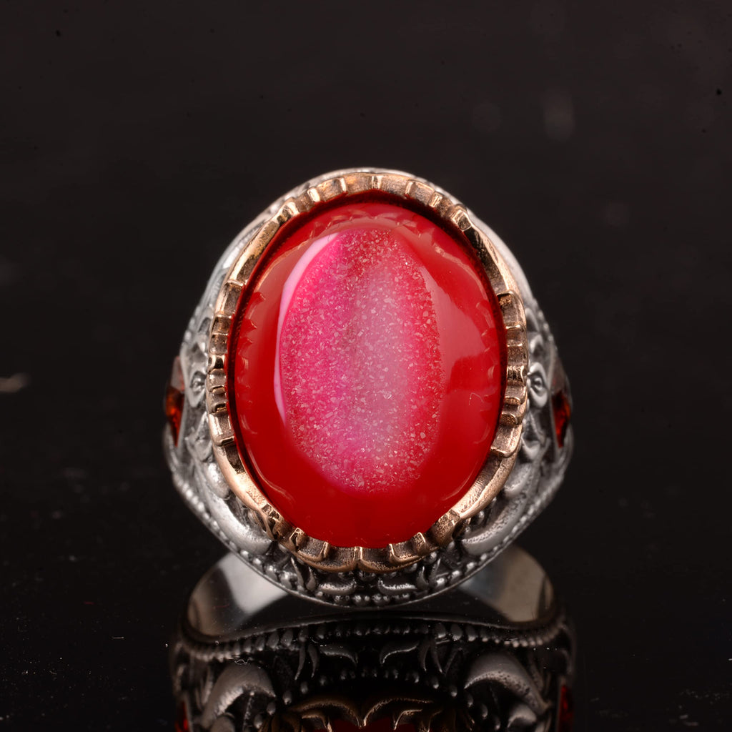 Vintage Men's 925 Sterling Silver Ring Druzy Quartz, Red — 5