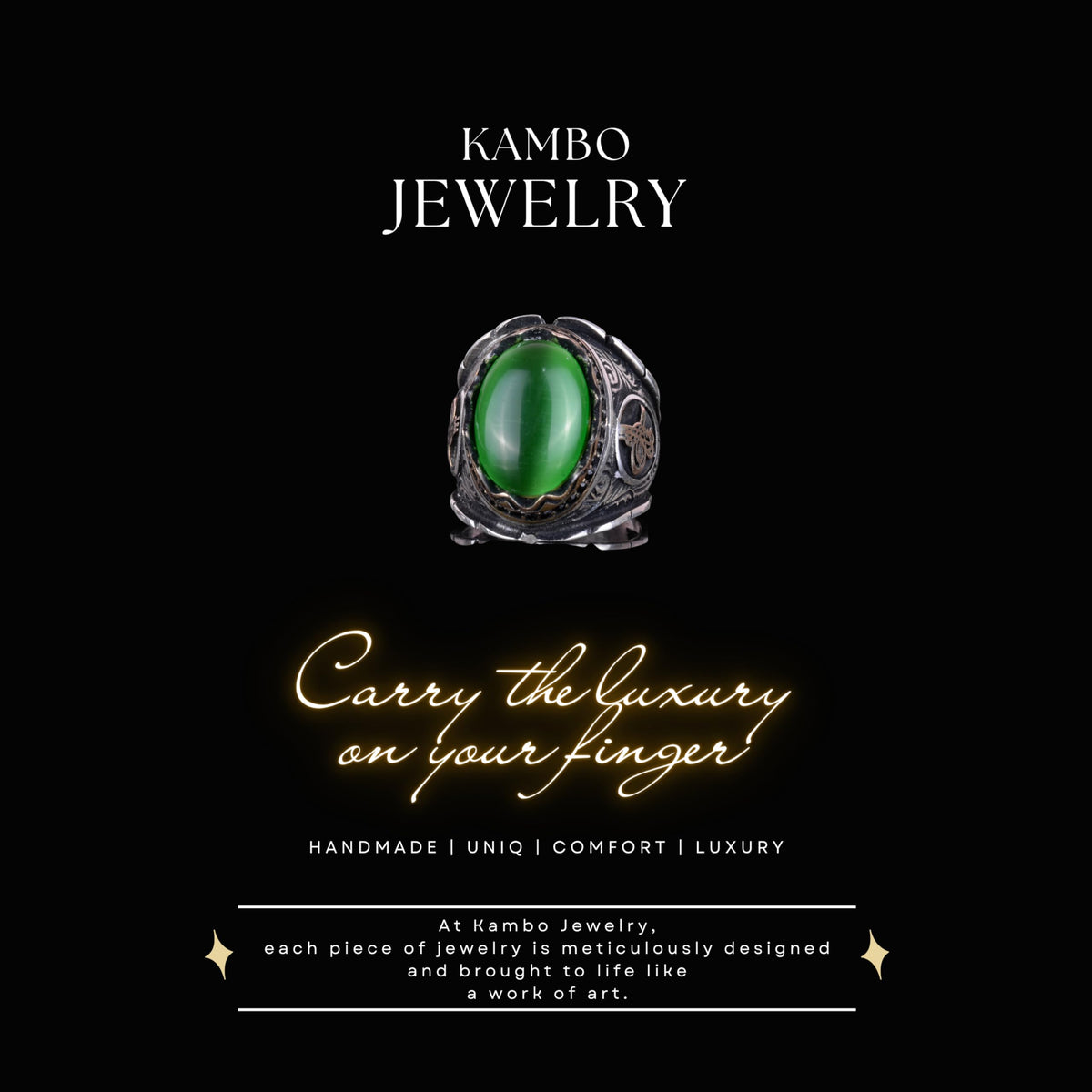 Green Cat's Eye Stone Ottoman Tugra Silver Ring — 3