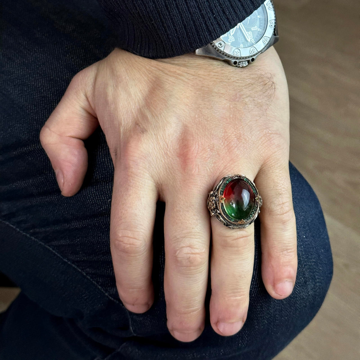 Kambo Synthetic Fluorite Stone Men's Ring - 925 Sterling Silver — 3