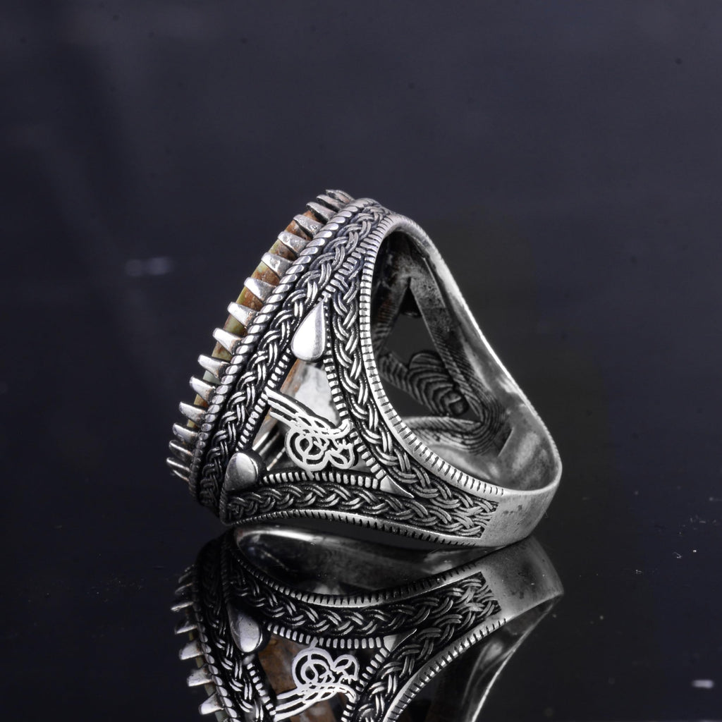 KAMBO Ottoman Tugra Design Natural Turquoise Stone Ring - 925 Sterling Silver Handmade Men's Ring (Style-4) — 7