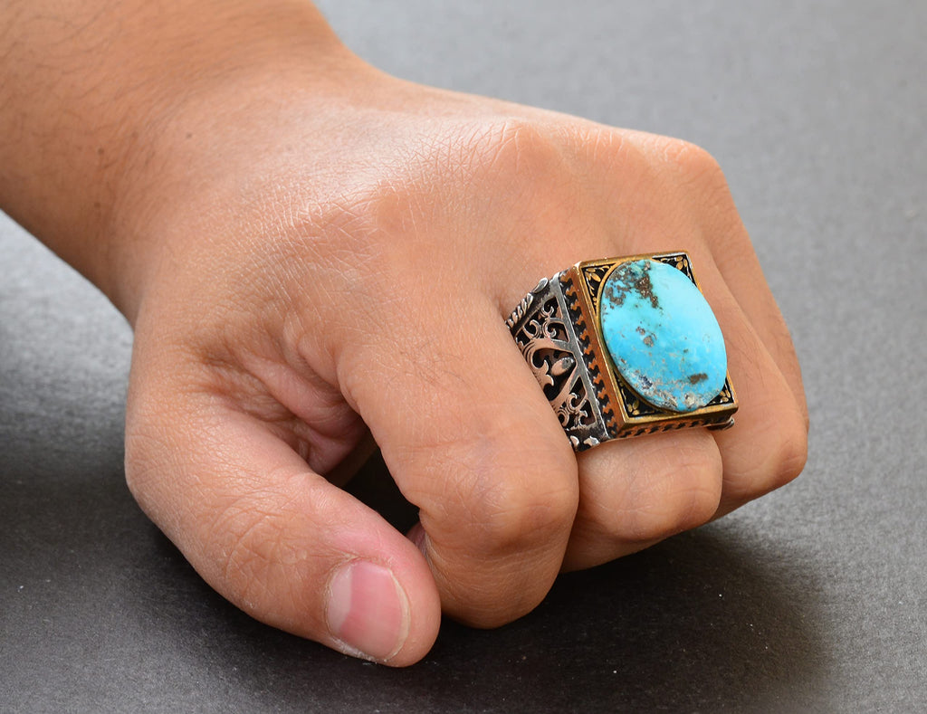 Natural Arizona Turquoise Stone Men's Ring - Silver — 7
