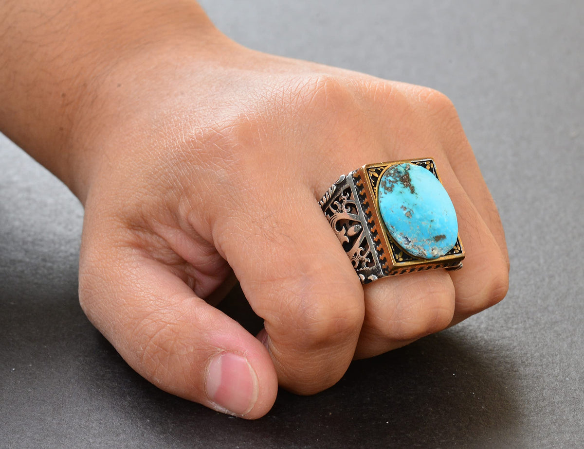 Natural Arizona Turquoise Stone Men's Ring - Silver — 7
