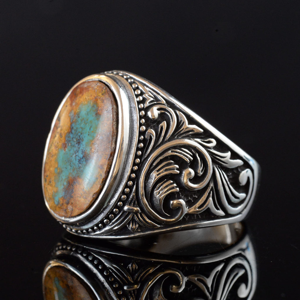 Natural Arizona Green Turquoise Stone Ring, Vintage Design - 925 Sterling Silver Men's Ring, Handmade — 4