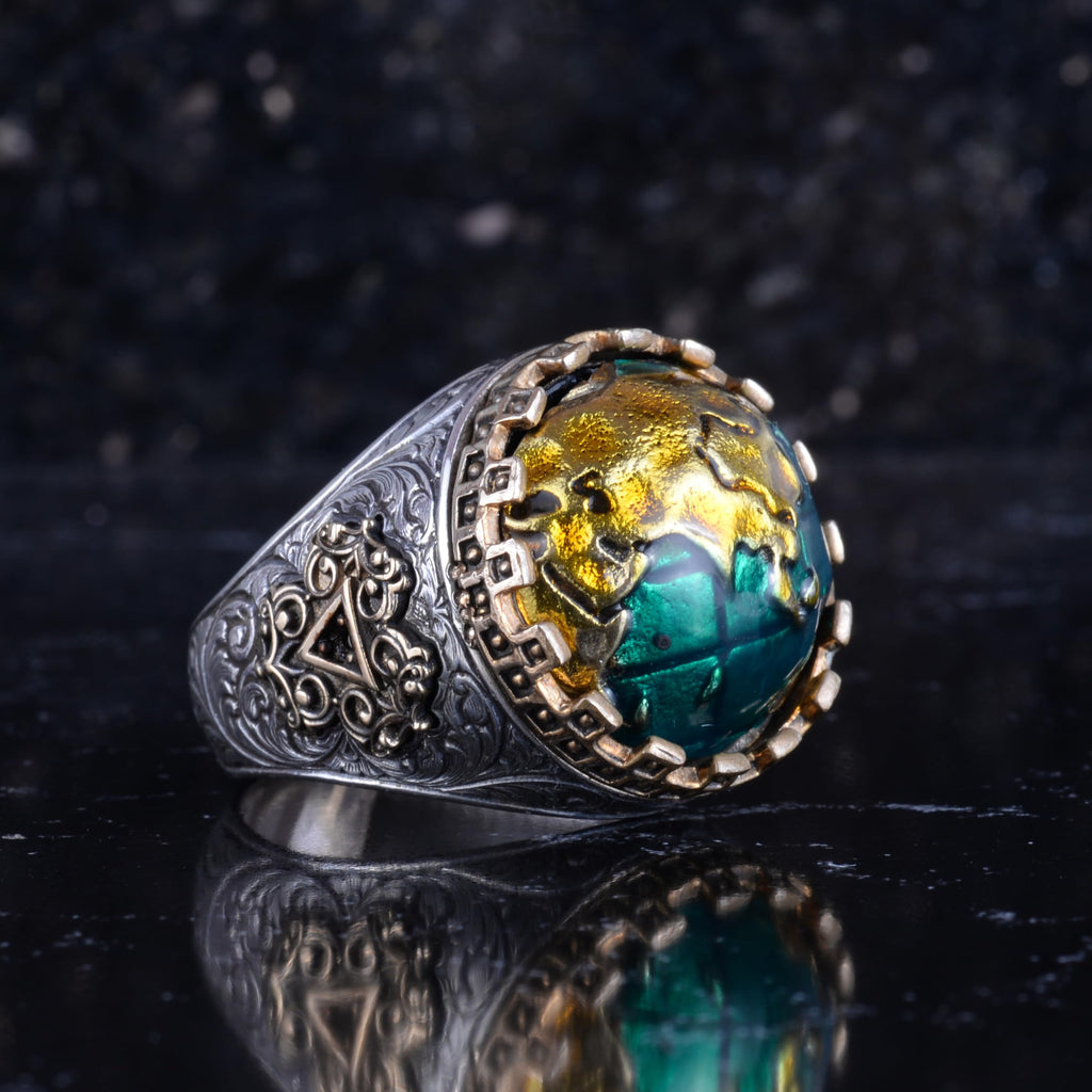 KAMBO 925 Sterling Silver World Map Designed Men's Ring Bronze Details Handmade Green Stone Statement Ring — 6