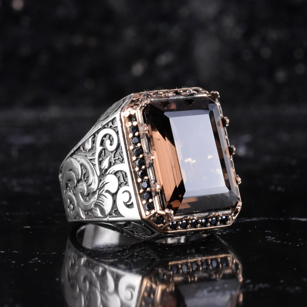KAMBO Natural Stone Ring for Men 925 Sterling Silver - Rectangular Statement Ring Handmade Jewelry (Smoky Topaz) — 6