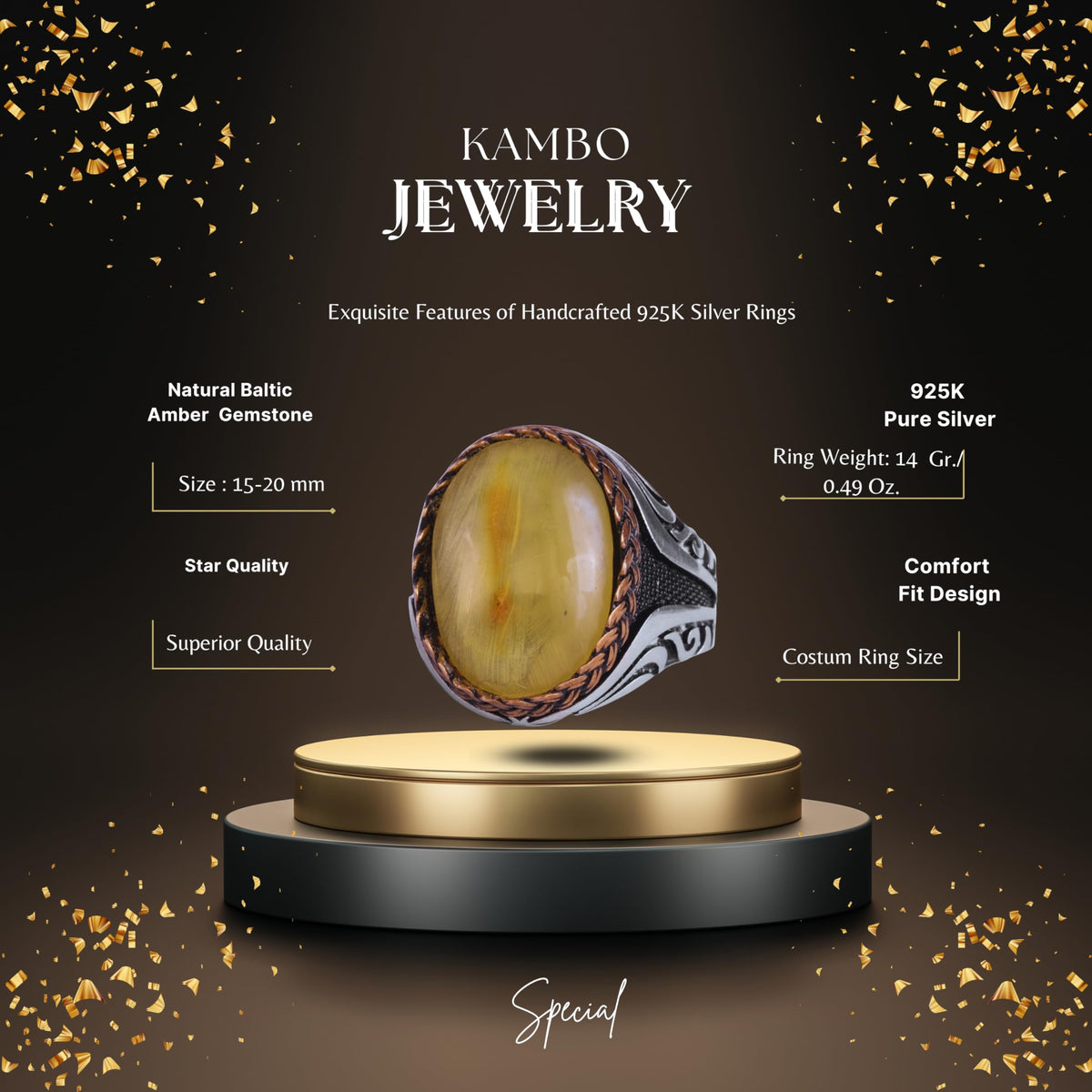 KAMBO Men's Natural Baltic Amber Stone Ring – 925 Sterling Silver Handmade Statement Ring – Authentic Amber Jewelry with Ottoman Style Details (Style-7) — 2