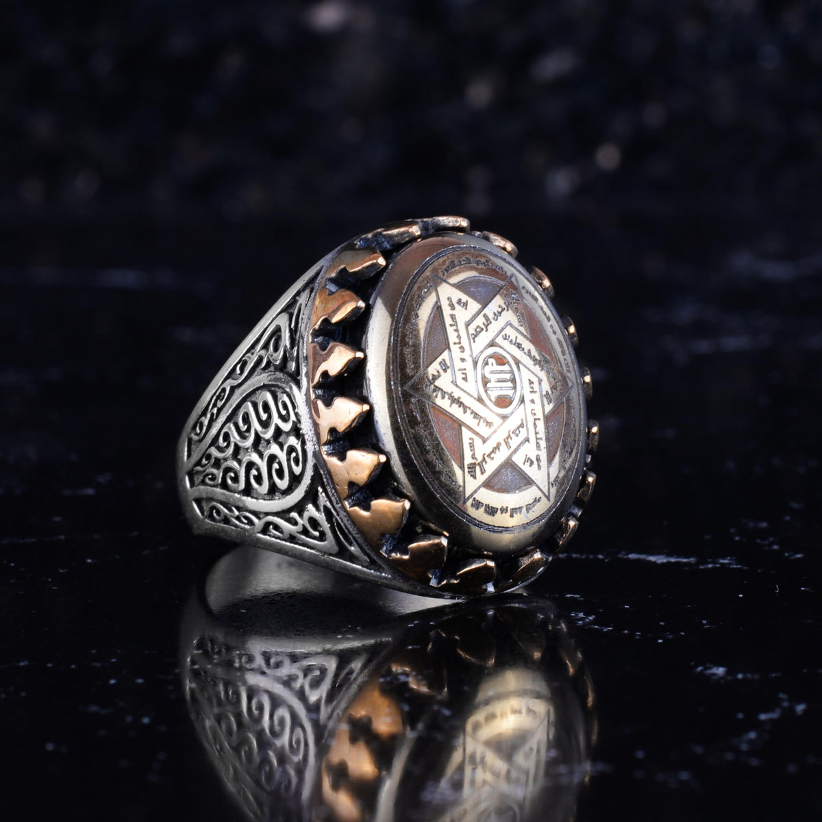 KAMBO Natural Hematite Stone Men's Ring – 925 Sterling Silver Star of David Embroidered Bronze Detailed Framed Oval Statement Ring – Vintage Handmade Design — 5