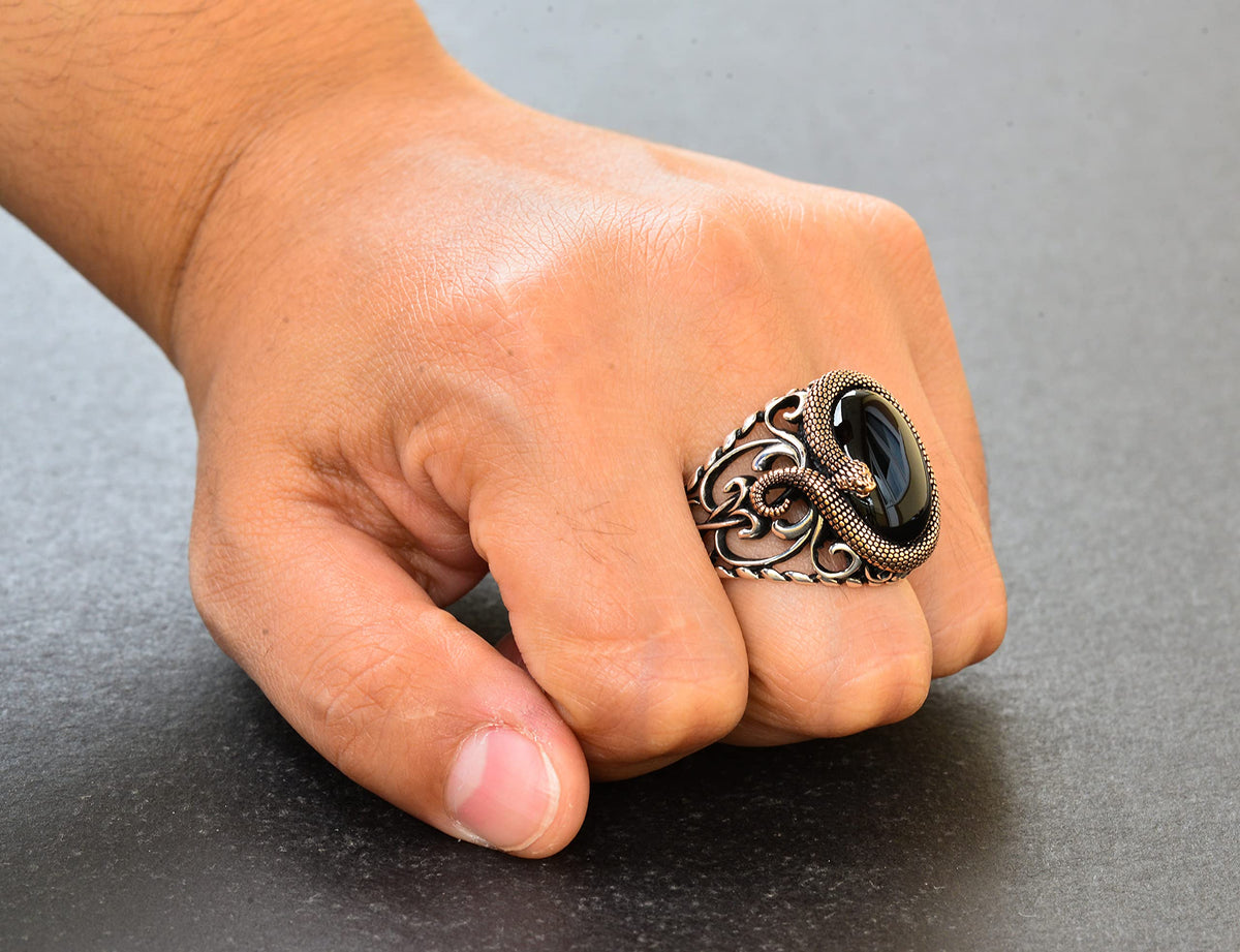 Natural Obsidian Stone, Handmade Ring, 925 Sterling Silver Men's Ring, Silver Accessory, Black — 7