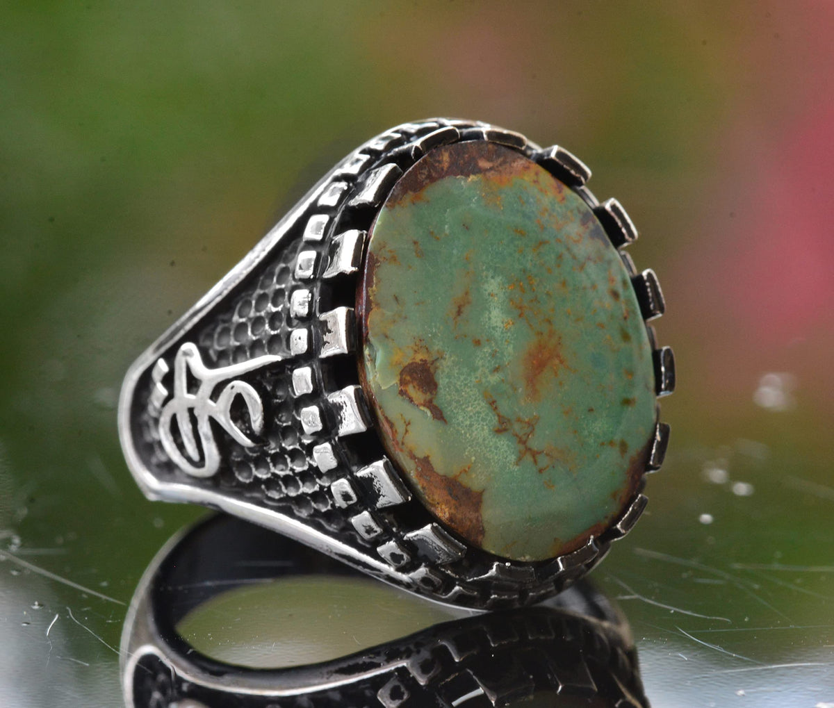 Arizona Turquoise Stone Ring - Ali Inscription, 925 Sterling Silver — 7