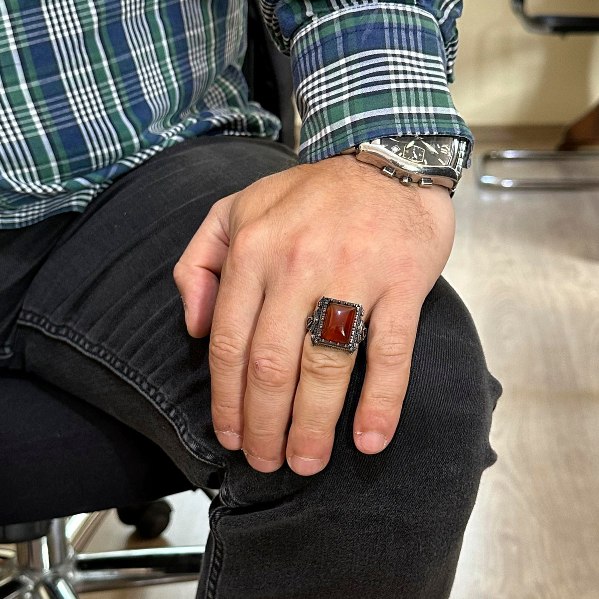 KAMBO Natural Gemstone Ring - 925 Sterling Silver Men's Ring (Red Agate) — 3