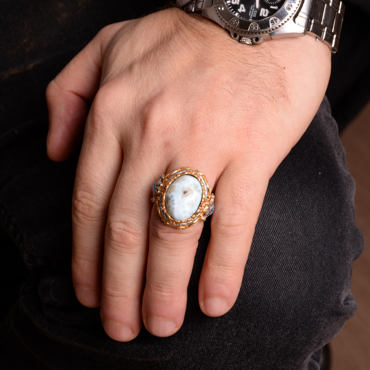 Natural Larimar Stone Men's Ring - 925 Sterling Silver Handmade Ring — 3