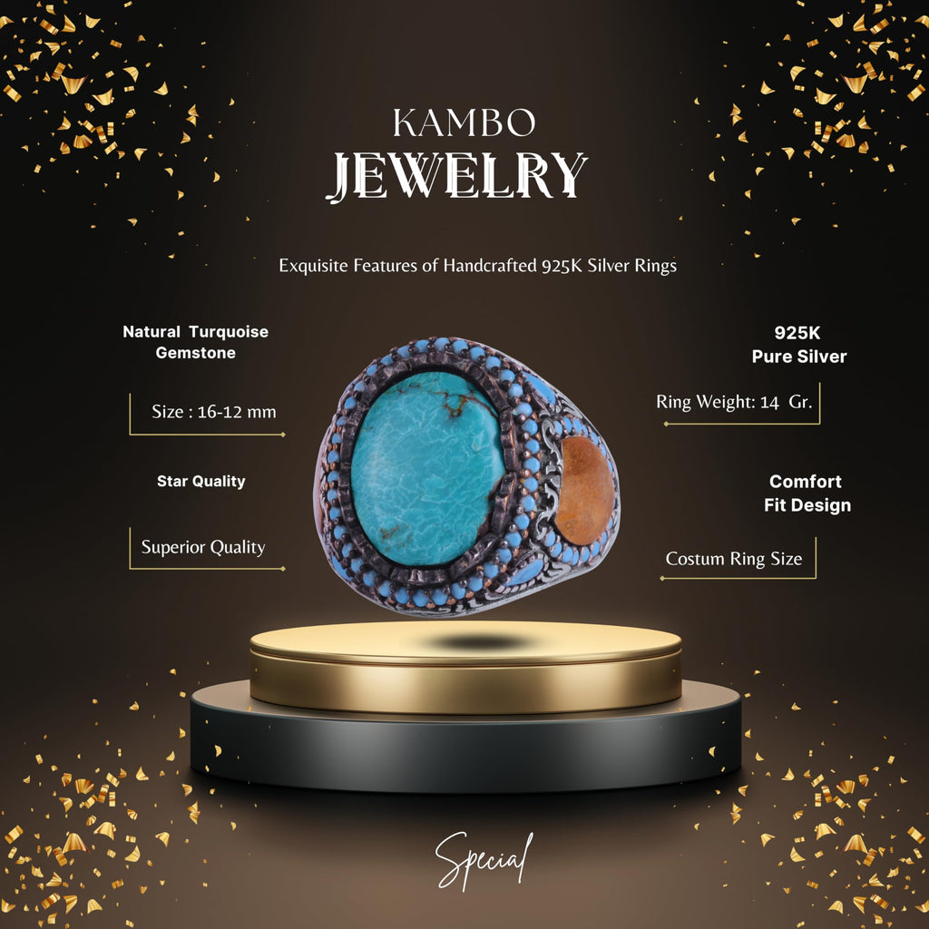 KAMBO Genuine Natural Arizona Turquoise Stone – 925 Sterling Silver Statement Ring – Handmade Men's Jewelry (Style-8) — 2