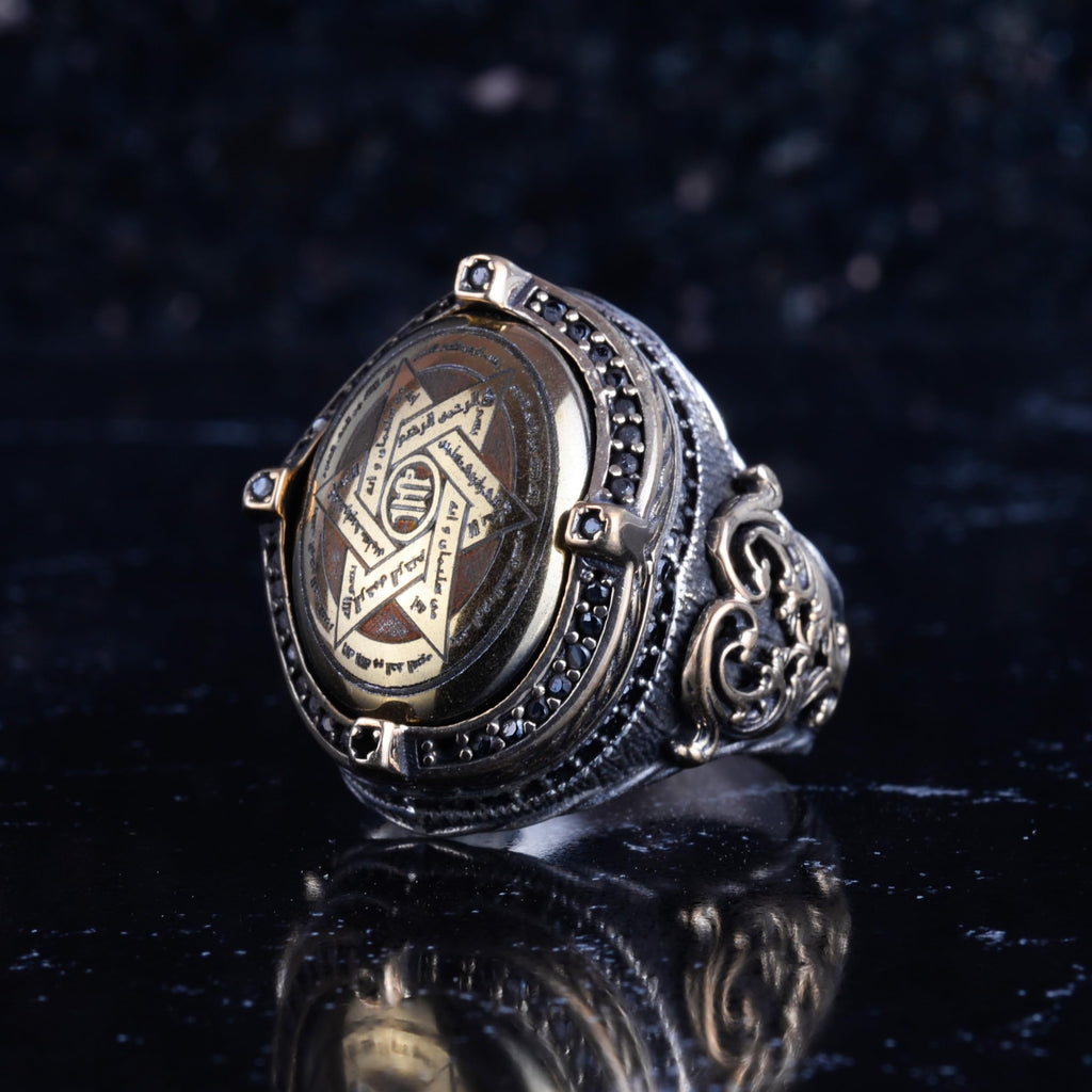 KAMBO Natural Hematite Stone Men's Ring – 925 Sterling Silver Bronze Detailed Framed Oval Statement Ring – Handmade Vintage Figurative Design — 5